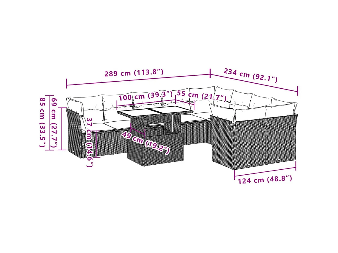 Salon de jardin 10 pcs avec coussins marron résine tressée