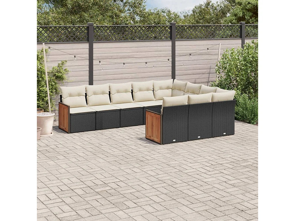 10-tlg. Garten-Sofagarnitur mit Kissen Schwarz Poly Rattan