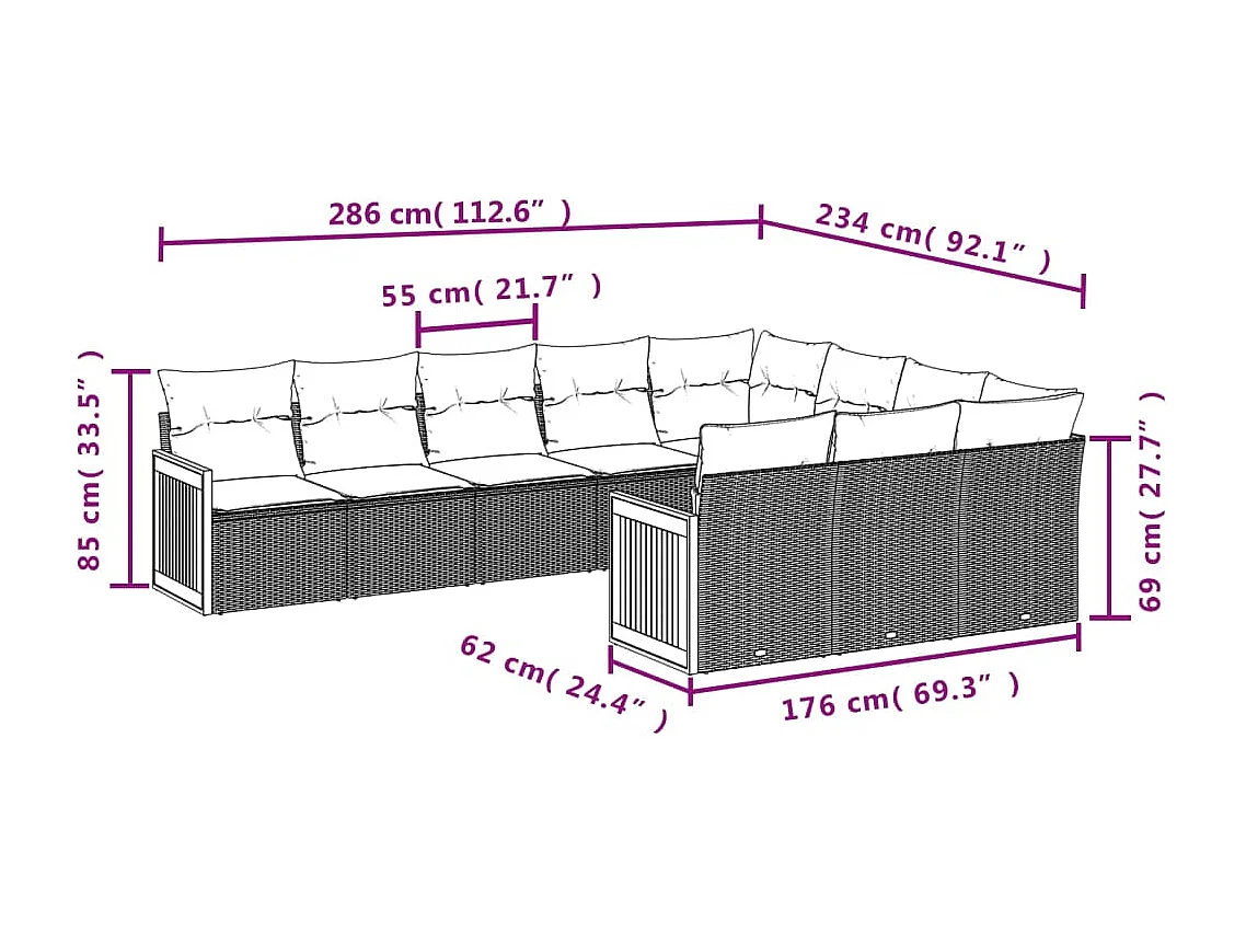 10-tlg. Garten-Sofagarnitur mit Kissen Schwarz Poly Rattan