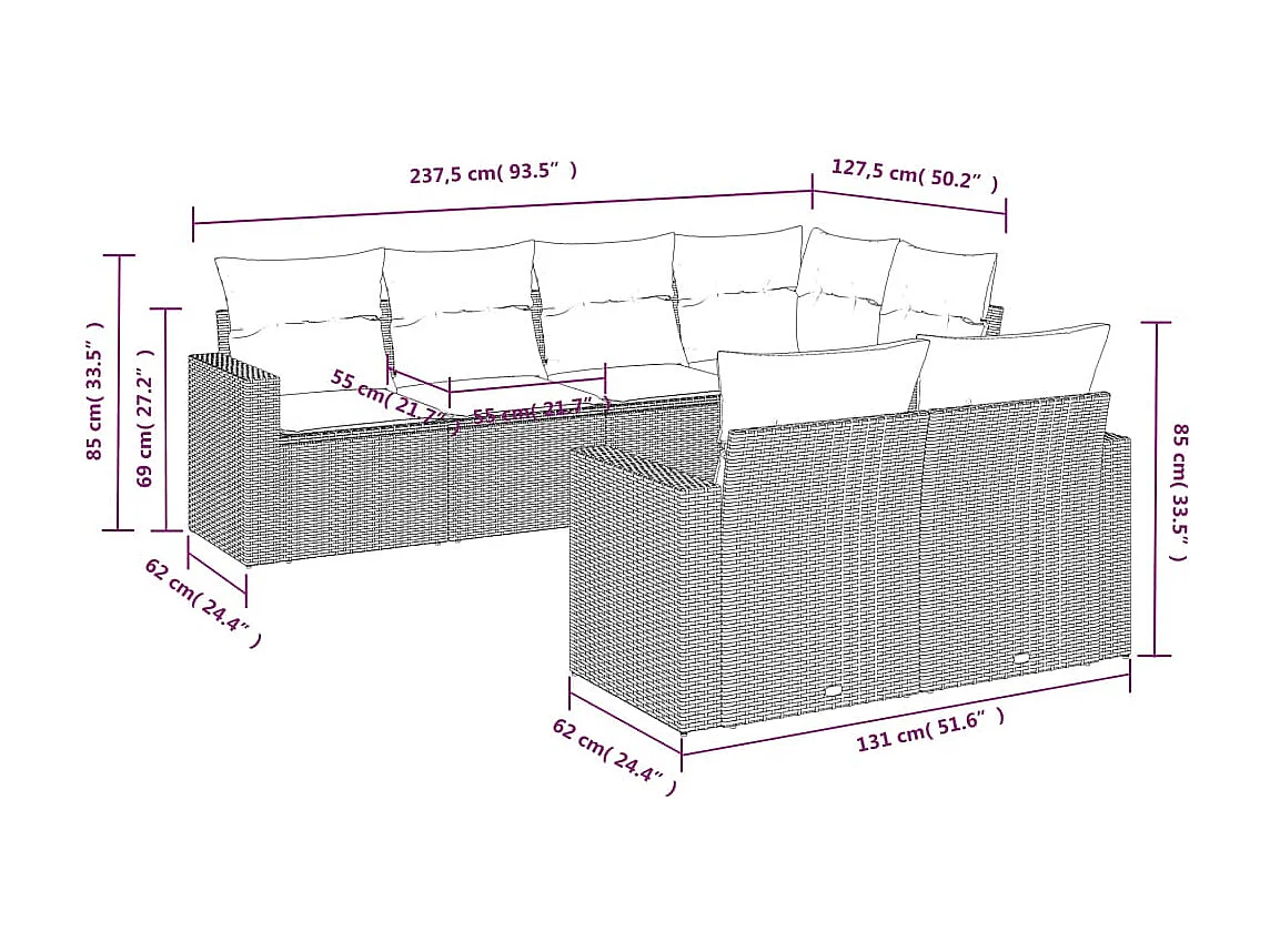 Salon de jardin avec coussins 7 pcs gris clair résine tressée