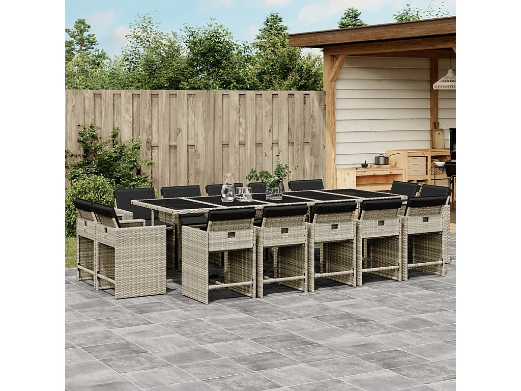 15 pcs conj. jantar jardim c/ almofadões vime PE cinzento-claro