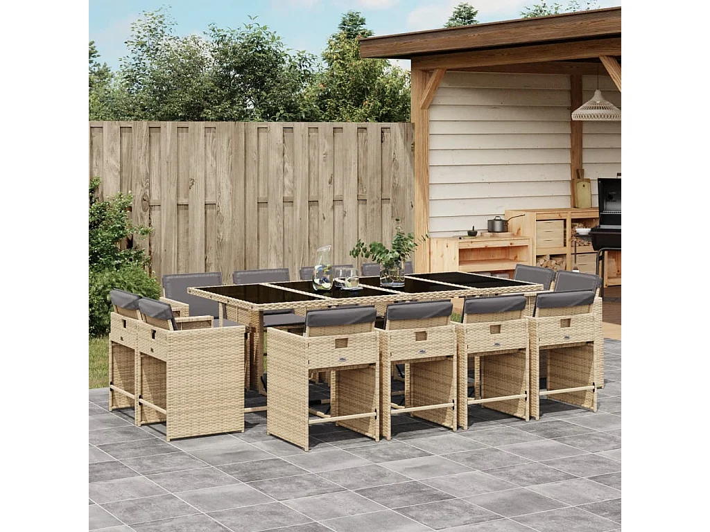 Ensemble à manger de jardin coussins 13 pcs mélange beige rotin