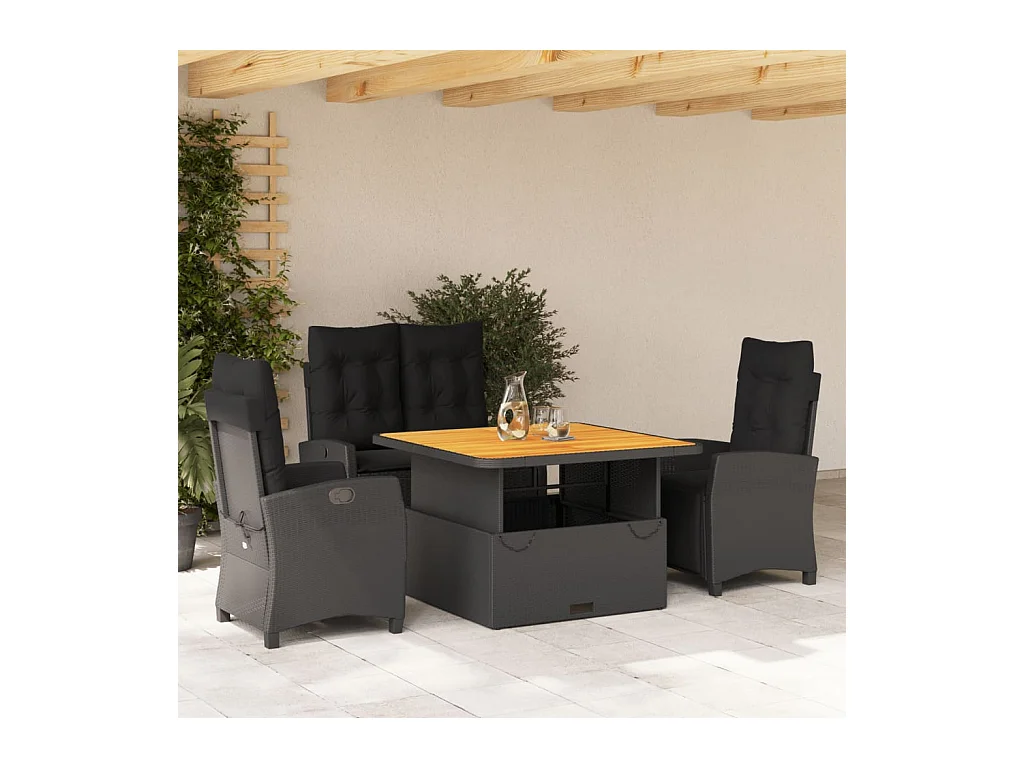 4-delige Tuinset met kussens poly rattan zwart