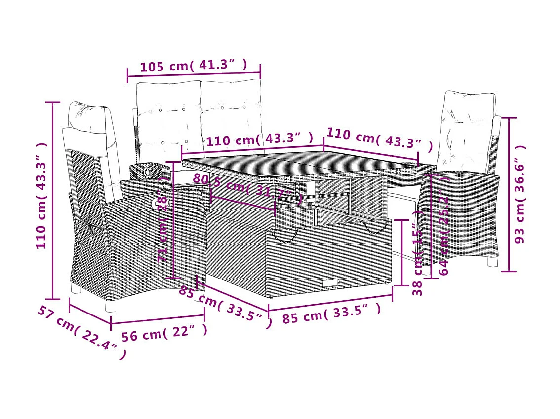 4-delige Tuinset met kussens poly rattan zwart