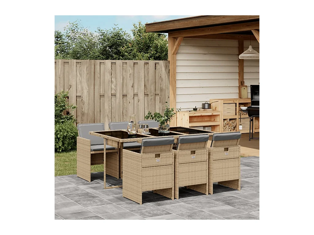 Ensemble à manger de jardin coussins 7 pcs mélange beige rotin