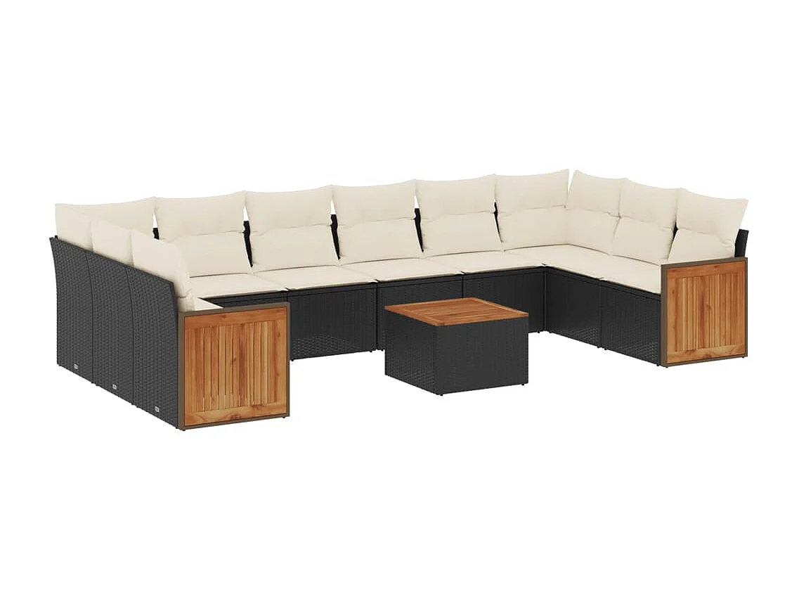 11-tlg. Garten-Sofagarnitur mit Kissen Schwarz Poly Rattan