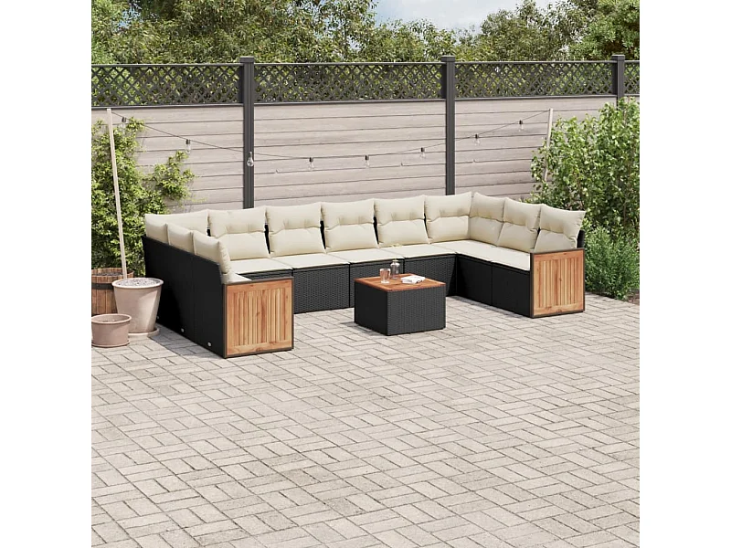 11-tlg. Garten-Sofagarnitur mit Kissen Schwarz Poly Rattan