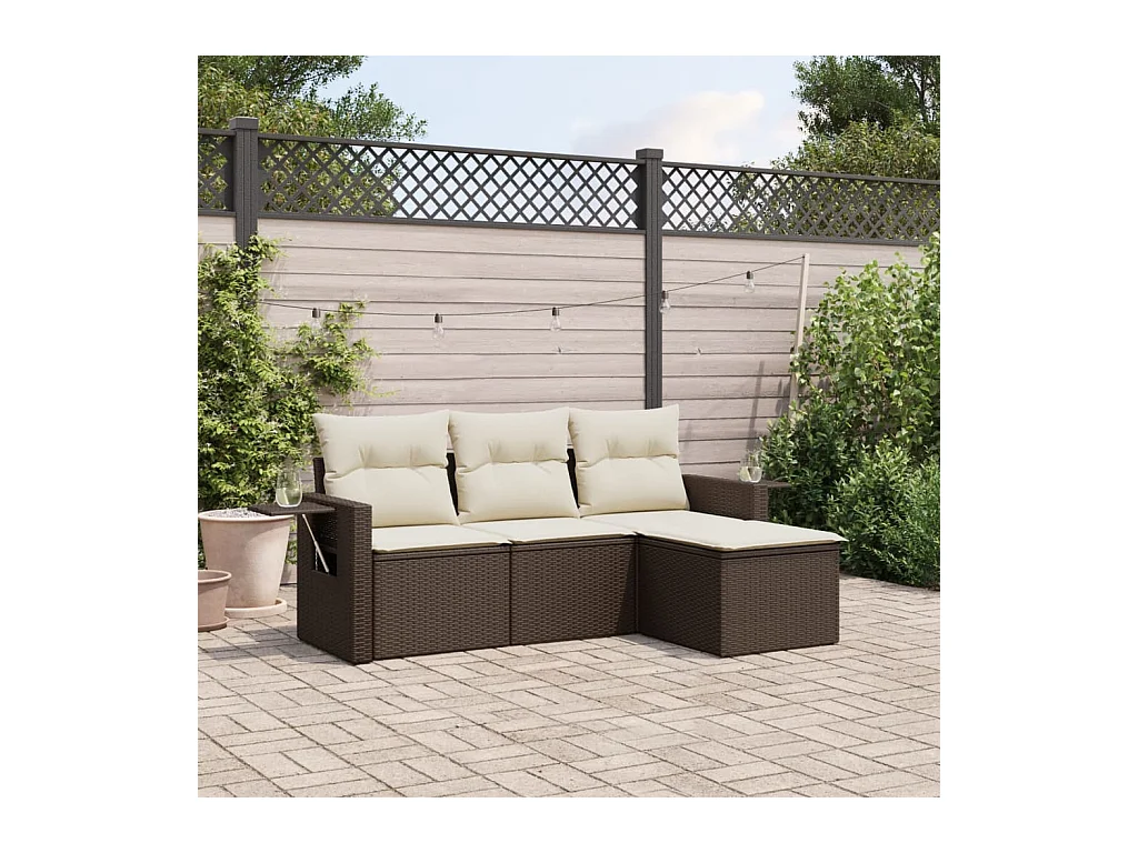 Set Divano da Giardino 4 pz con Cuscini Marrone in Polyrattan
