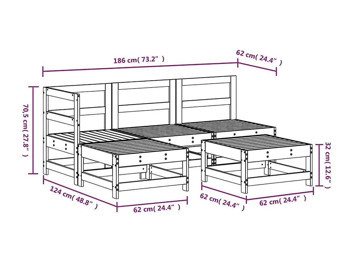 Salon de jardin 5 pcs blanc bois massif de pin
