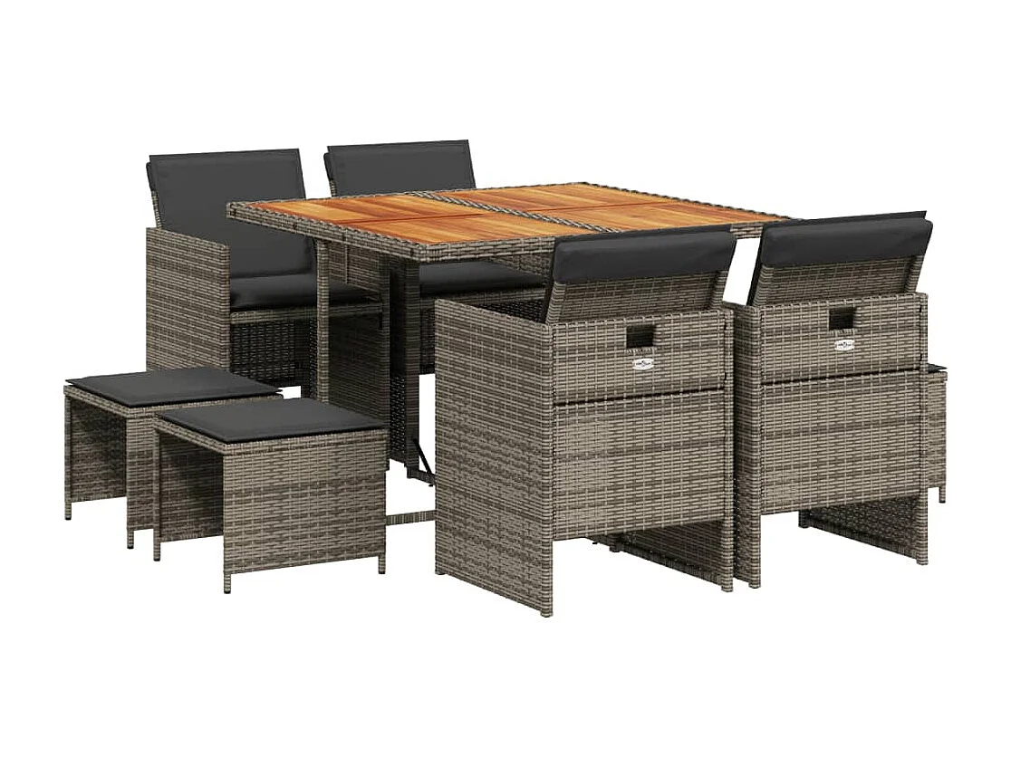 Set da Pranzo da Giardino 9 pz con Cuscini in Polyrattan Grigio