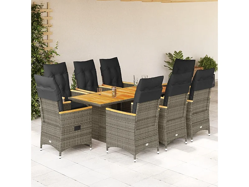 Set da Pranzo da Giardino 9 pz con Cuscini in Polyrattan Grigio