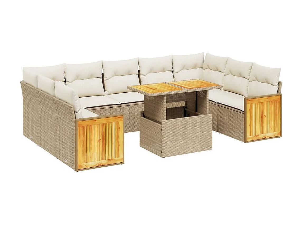 Salon de jardin avec coussins 10 pcs beige résine tressée