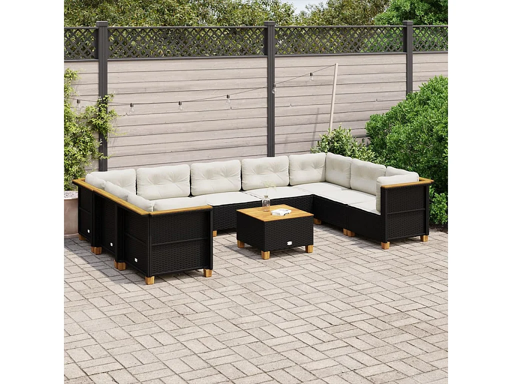 10-delige Loungeset met kussens poly rattan zwart