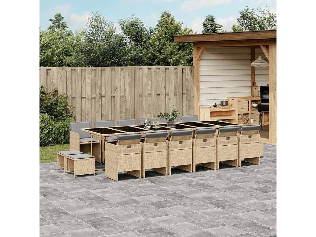 Set Pranzo da Giardino 17 pz con Cuscini Beige Misto Polyrattan