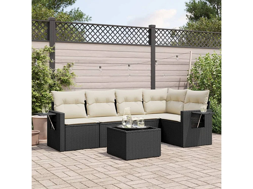 6-delige Loungeset met kussens poly rattan zwart
