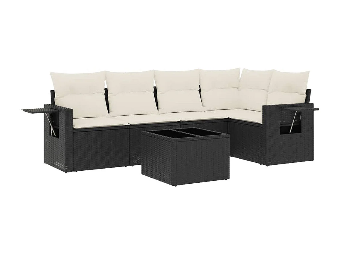 6-delige Loungeset met kussens poly rattan zwart