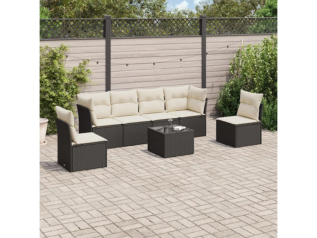 7-delige Loungeset met kussens poly rattan zwart