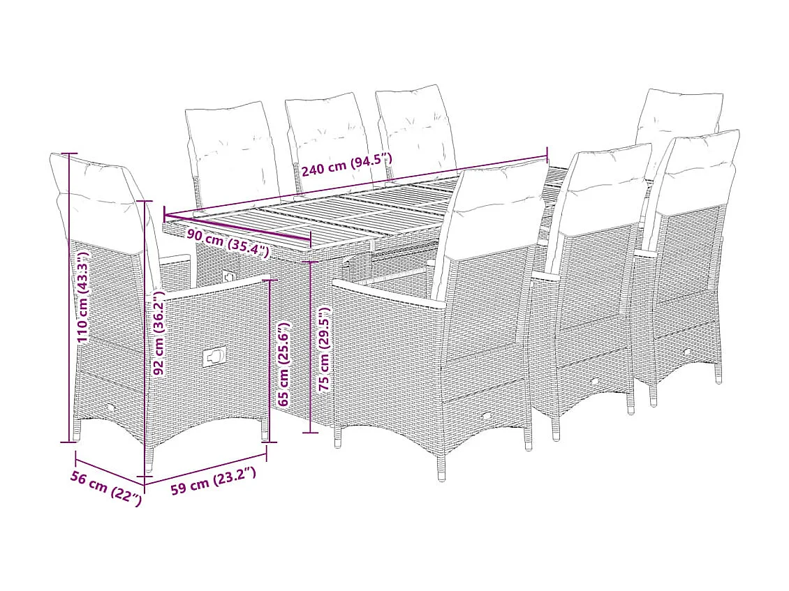 Ensemble de bistro de jardin 9 pcs coussins noir poly rotin