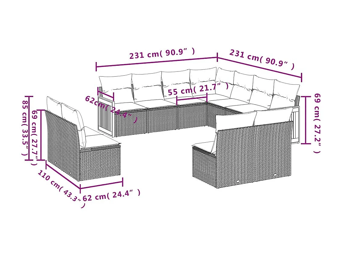 Set Divani da Giardino 11 pz con Cuscini in Polyrattan Grigio
