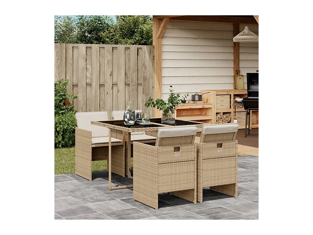 Set da Pranzo da Giardino 5 pz con Cuscini Beige in Polyrattan