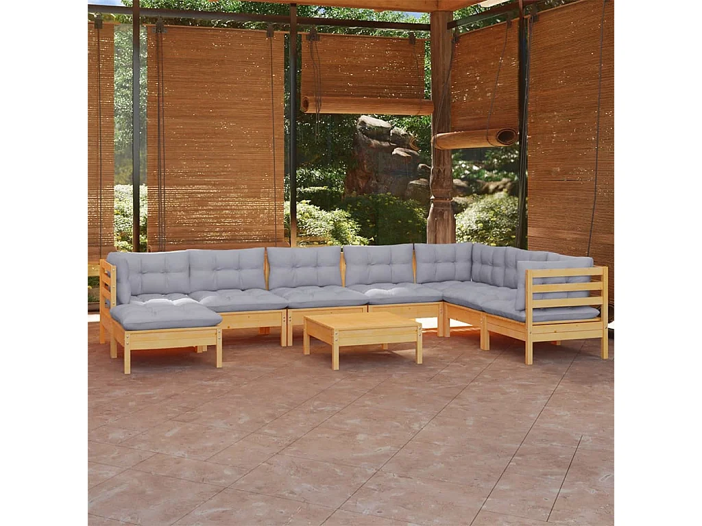 9-tlg. Garten-Lounge-Set mit Grauen Kissen Kiefer Massivholz