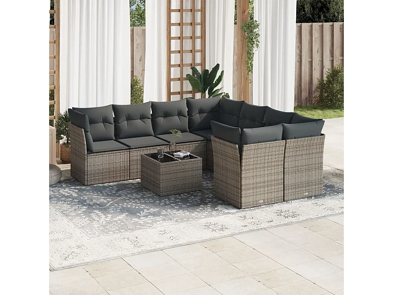 Salon de jardin 9 pcs avec coussins gris résine tressée