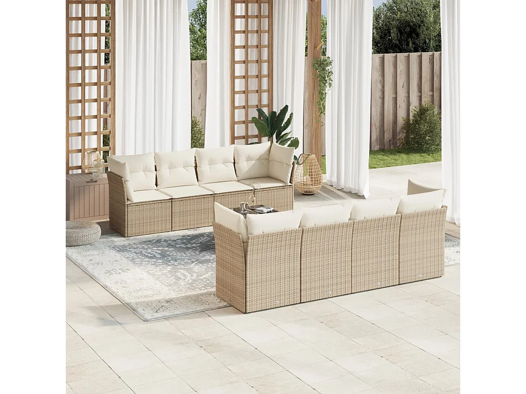 Salon de jardin avec coussins 9 pcs beige résine tressée