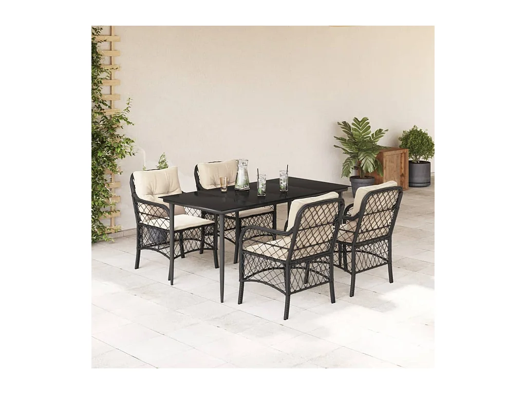 Ensemble à manger de jardin coussins 5pcs Noir Résine tressée