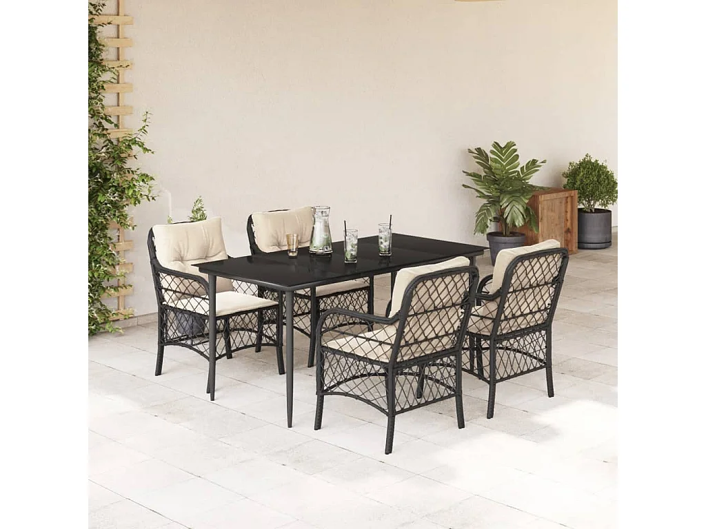 5-tlg. Garten-Essgruppe mit Kissen Schwarz Poly Rattan