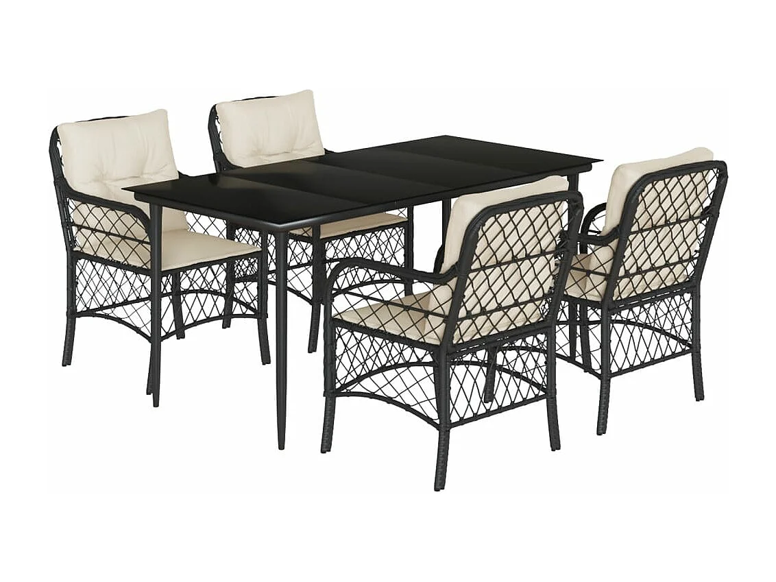 5-tlg. Garten-Essgruppe mit Kissen Schwarz Poly Rattan
