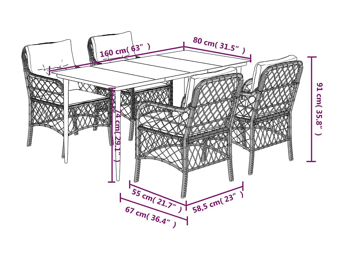 5-tlg. Garten-Essgruppe mit Kissen Schwarz Poly Rattan