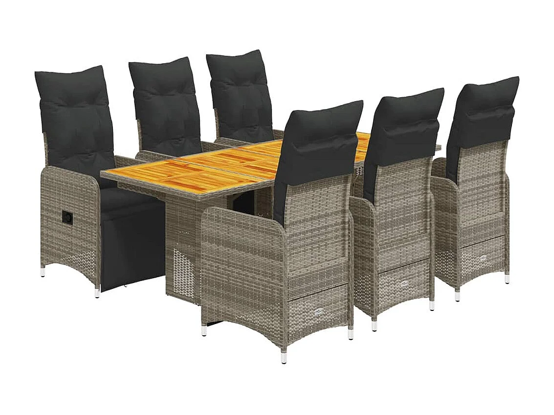 Mesita y sillas jardín 7 piezas y cojines ratán sintético gris