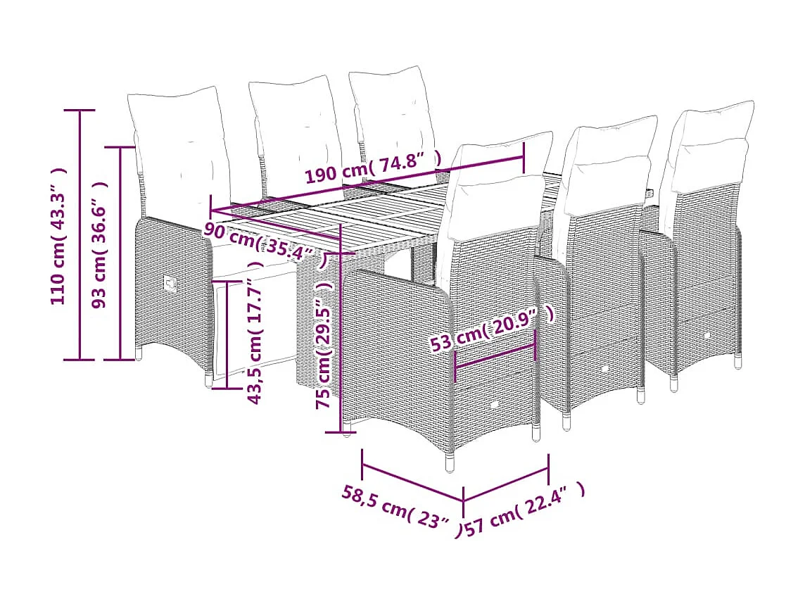 Mesita y sillas jardín 7 piezas y cojines ratán sintético gris