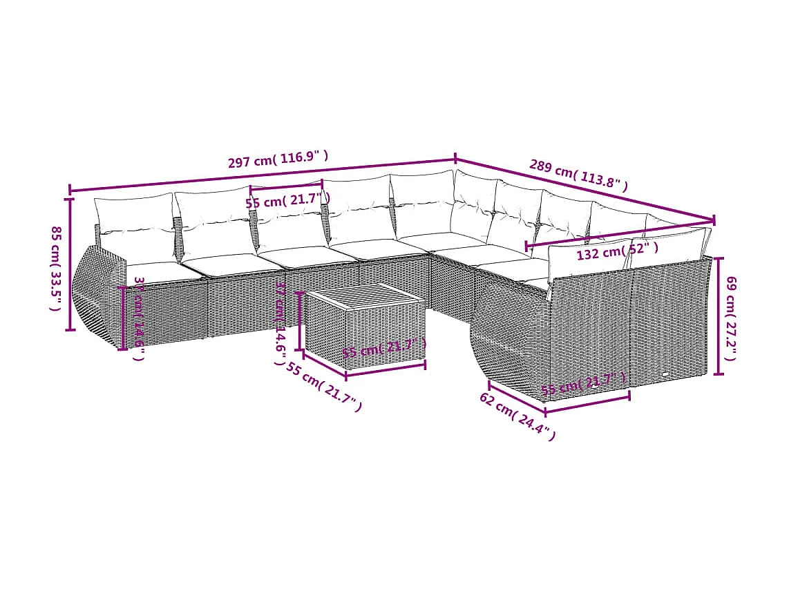 Set Divani da Giardino 11 pz con Cuscini in Polyrattan Nero