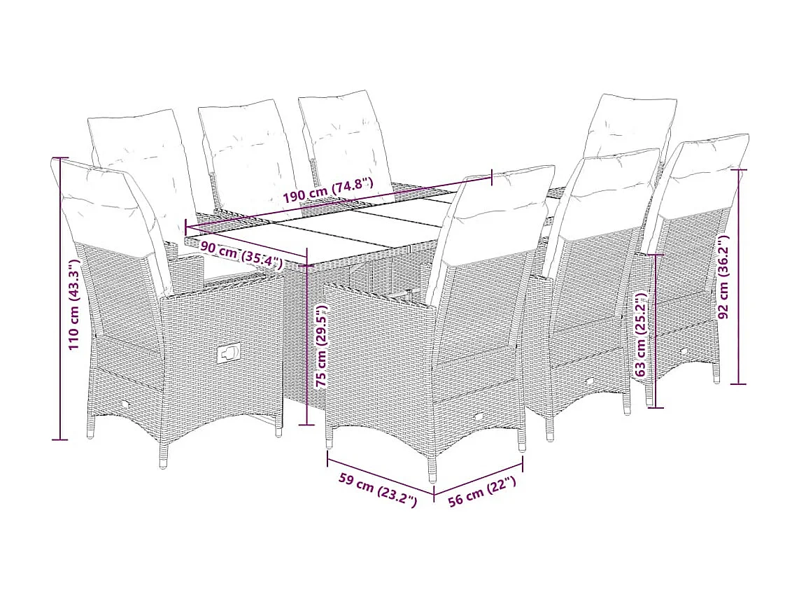 Ensemble à manger de jardin et coussins 9 pcs marron poly rotin