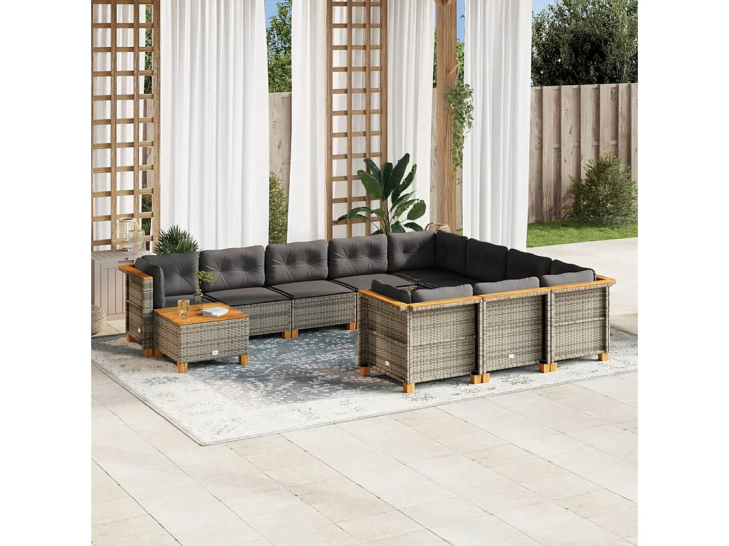 Salon de jardin 11 pcs avec coussins gris résine tressée