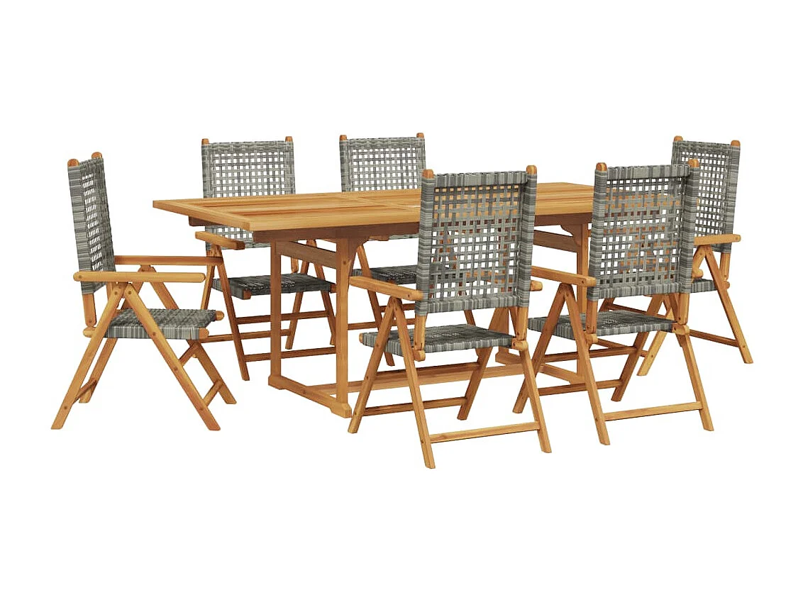 Ensemble à manger de jardin 7 pcs gris rotin et bois massif