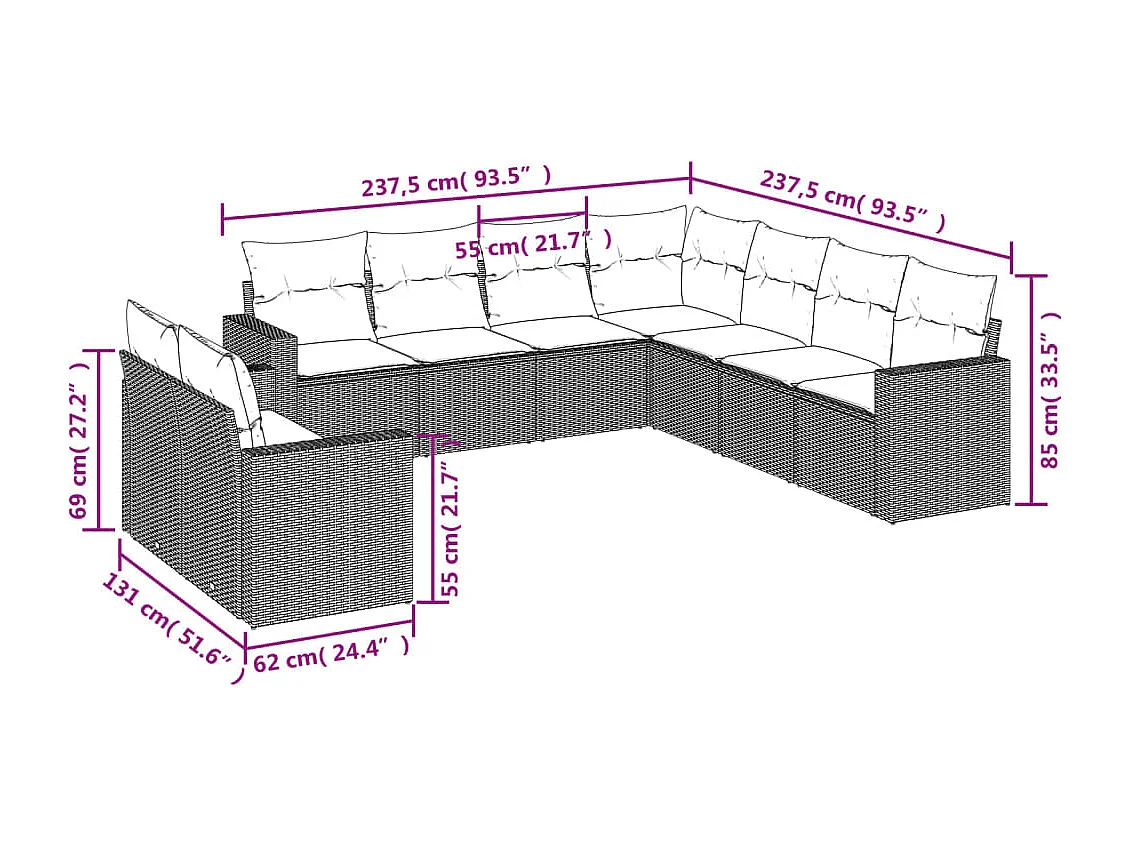 Set Divani da Giardino 9 pz con Cuscini Nero in Polyrattan