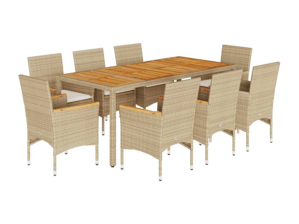 Ensemble à manger de jardin et coussins 9pcs beige rotin acacia