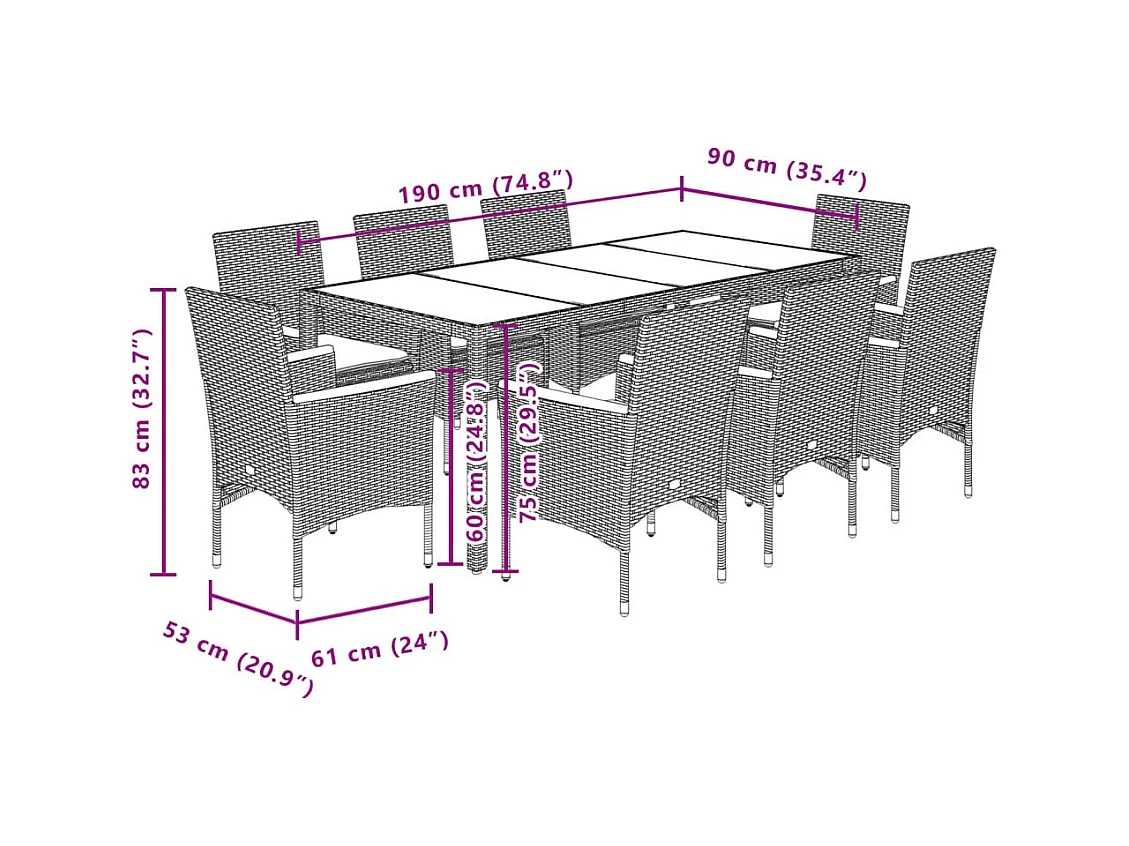 Ensemble à manger de jardin et coussins 9pcs beige rotin acacia