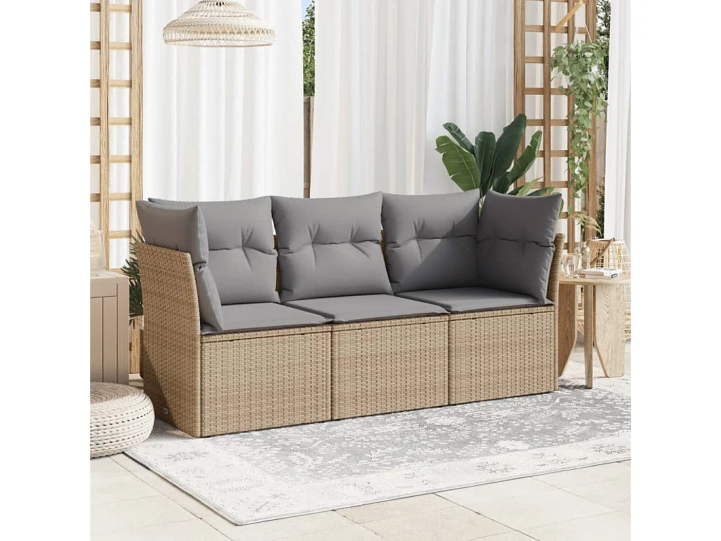 3-tlg. Garten-Sofagarnitur mit Kissen Beige Poly Rattan