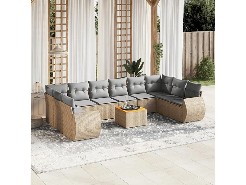 Set de sofás de jardín 11pzas con cojines ratán sintético beige