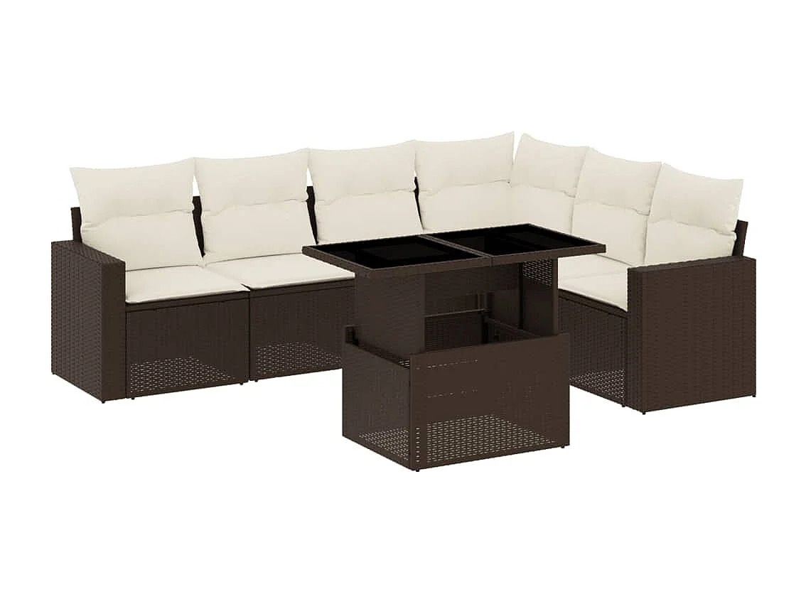 7-tlg. Garten-Sofagarnitur mit Kissen Braun Poly Rattan