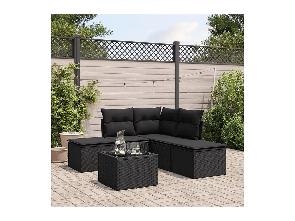 Salon de jardin 6 pcs avec coussins noir résine tressée