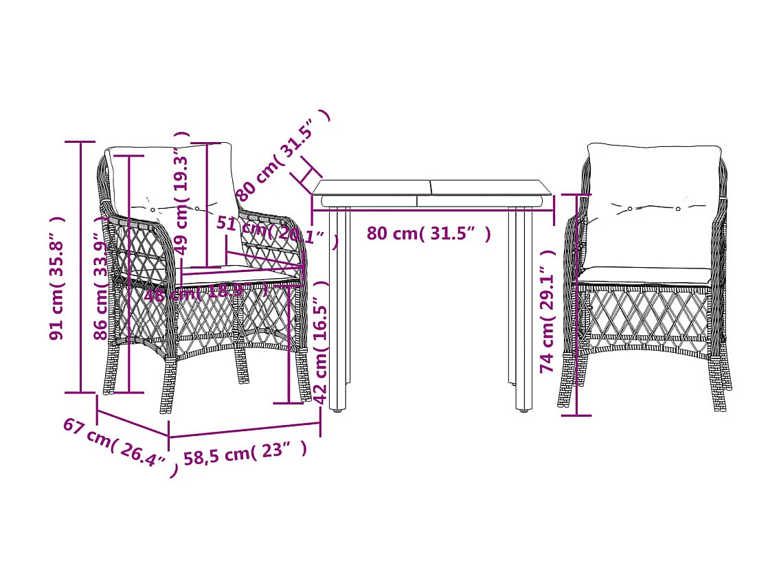 Set da Bistrò 3 pz con Cuscini Nero in Polyrattan