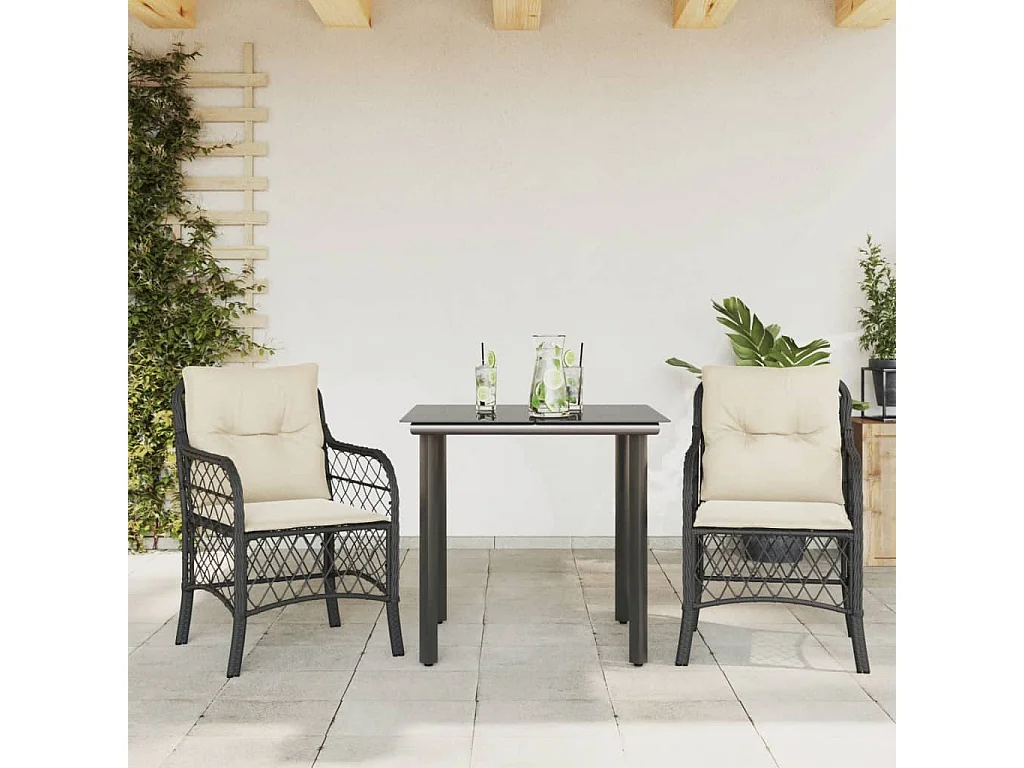 Ensemble de bistro 3 pcs avec coussins noir résine tressée
