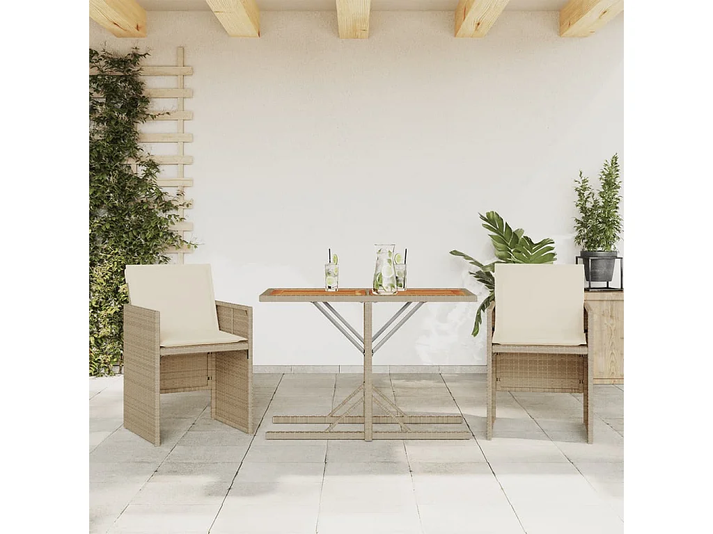Ensemble de bistro 3 pcs avec coussins beige résine tressée