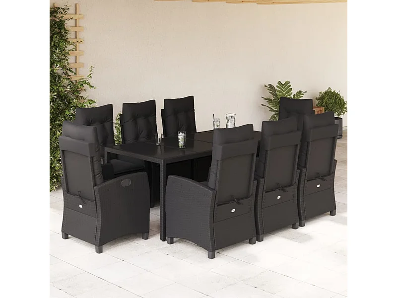 Ensemble à manger de jardin 9pcs coussins noir résine tressée