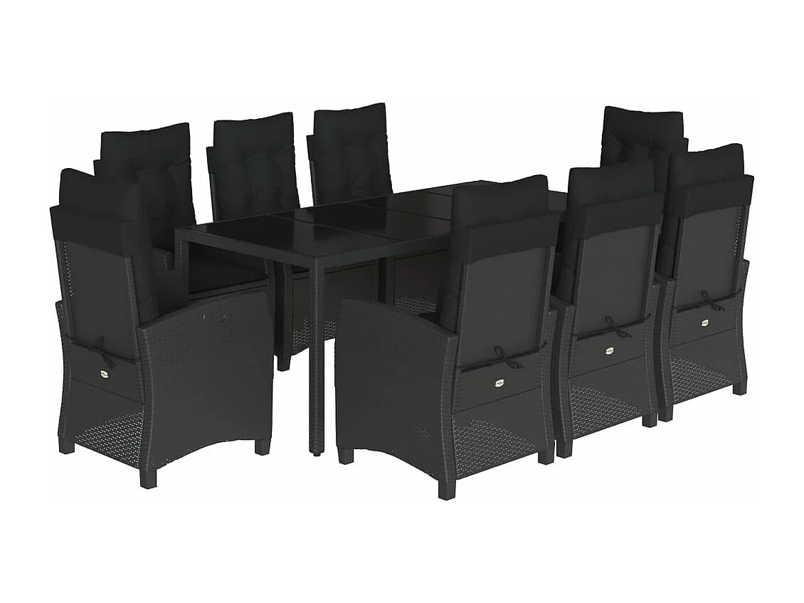 Set da Pranzo da Giardino 9 pz con Cuscini Nero in Polyrattan