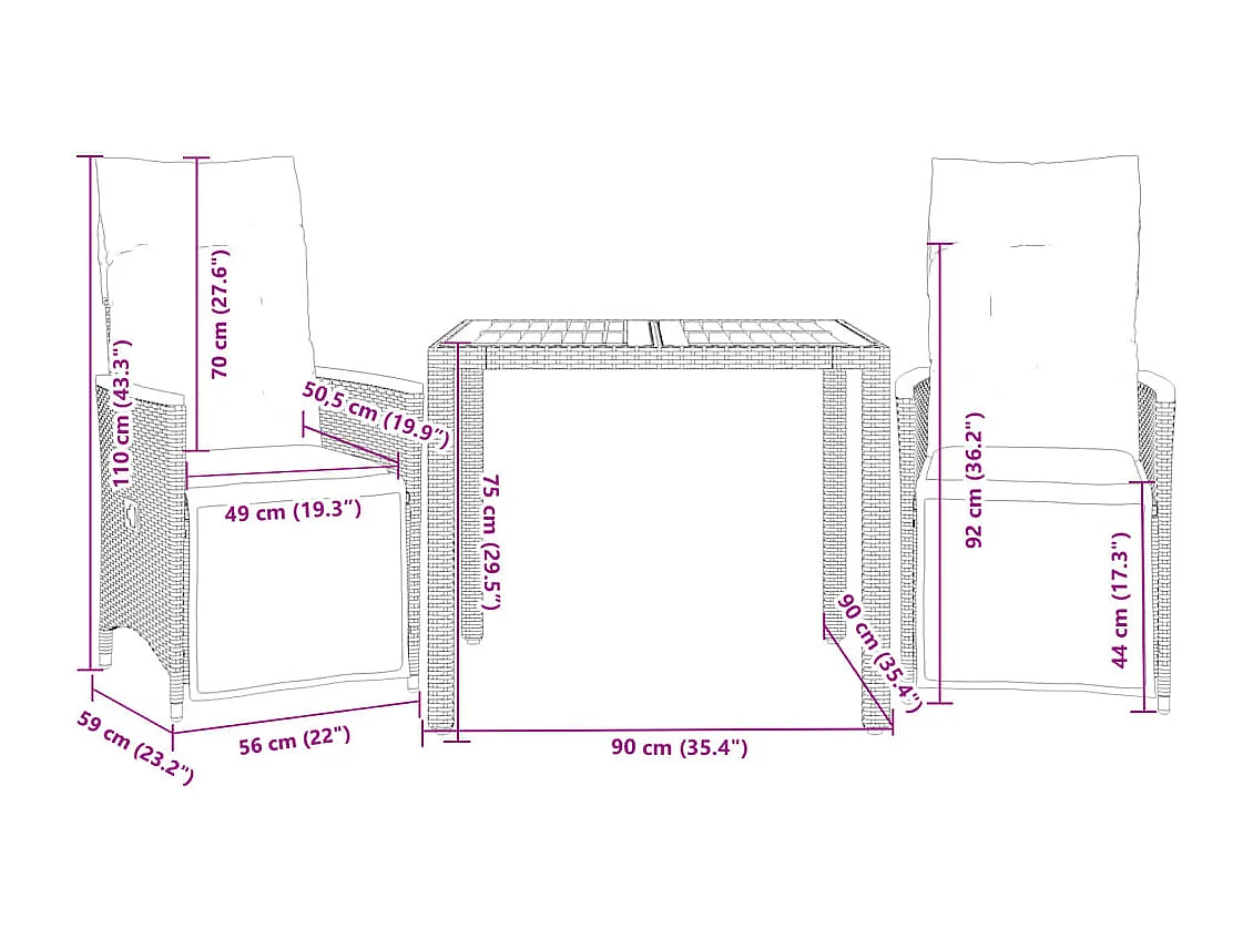 3-delige Bistroset met kussens poly rattan grijs